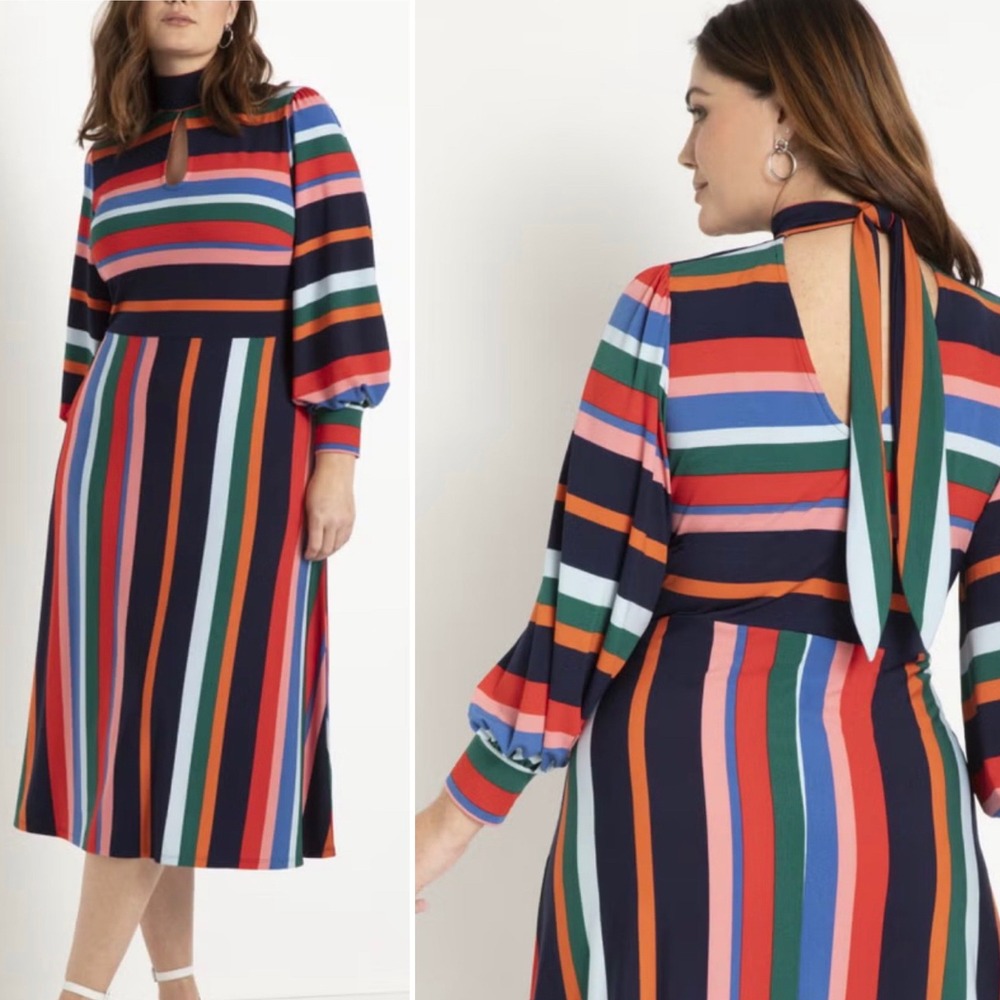 NWT ELOQUII Striped Mock Neck Midi Dress‎ Keyhole Puff Sleeve Plus Size 14 Retro